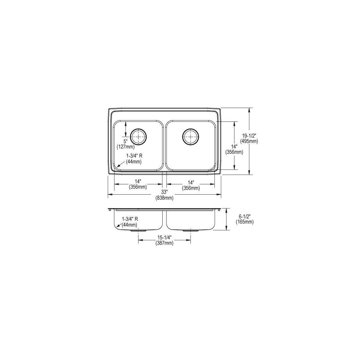 Elkay Lustertone Classic Stainless Steel 33" x 19-1/2" x 6-1/2", 1-Hole Equal Double Bowl Drop-in ADA Sink LRAD3319651
