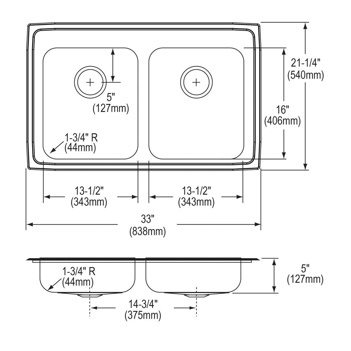 Elkay Lustertone Classic Stainless Steel 33" x 21-1/4" x 5", 3-Hole Equal Double Bowl Drop-in ADA Sink LRAD3321503