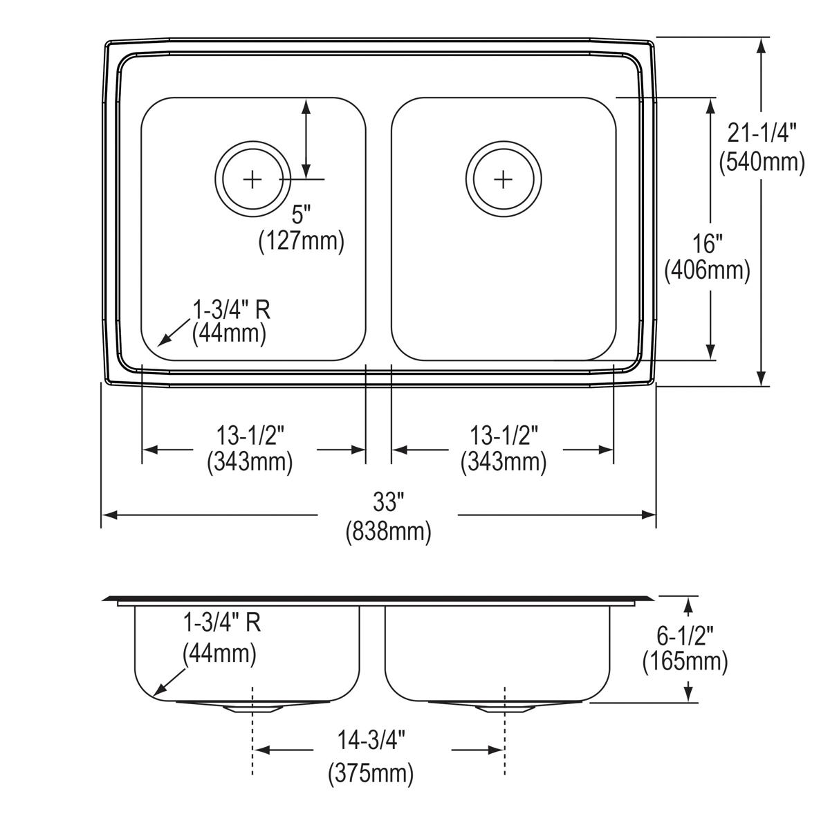 Elkay Lustertone Classic Stainless Steel 33" x 21-1/4" x 6-1/2", Equal Double Bowl Drop-in ADA Sink LRAD3321651