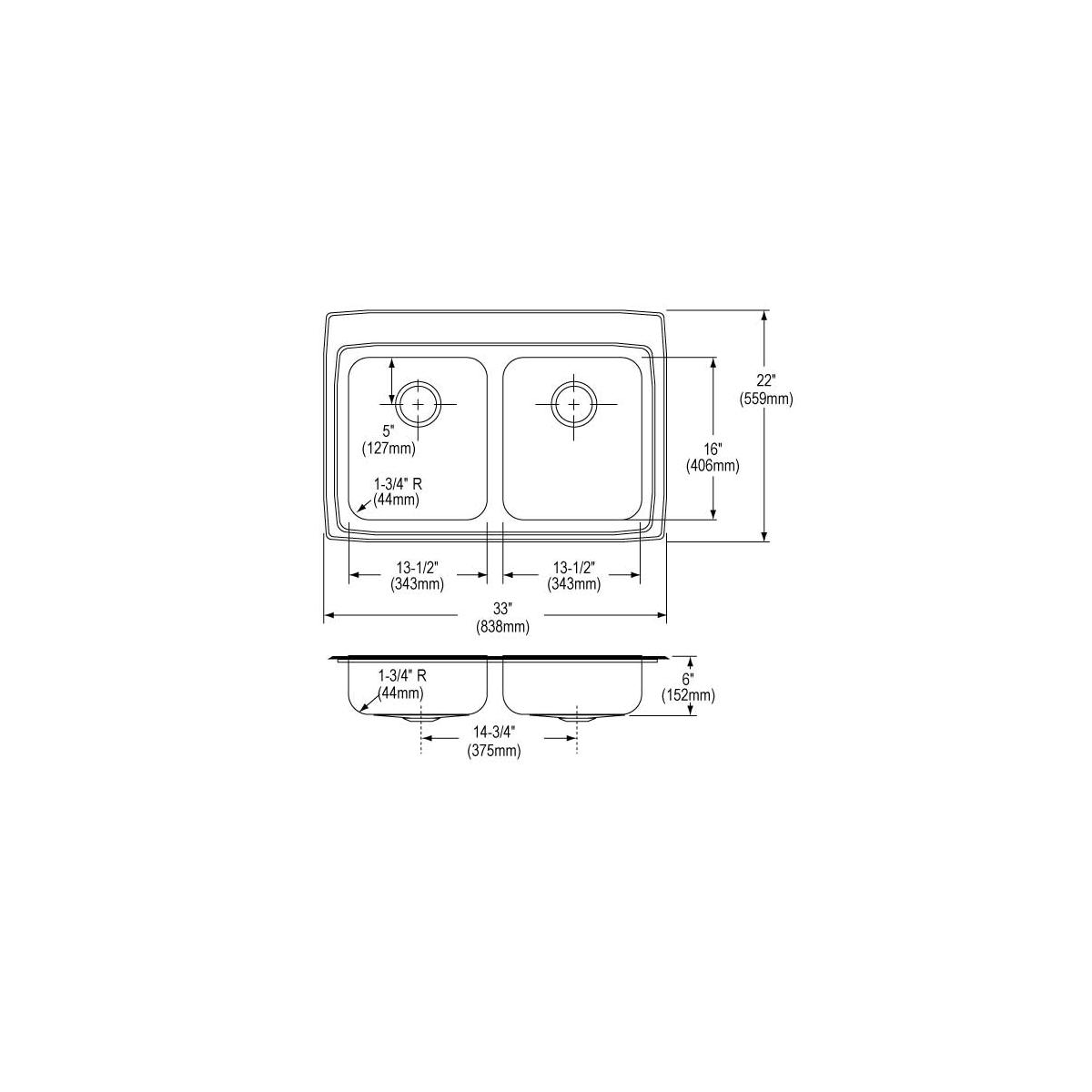 Elkay Lustertone Classic Stainless Steel 33" x 22" x 6", 3-Hole Equal Double Bowl Drop-in ADA Sink LRAD3322603