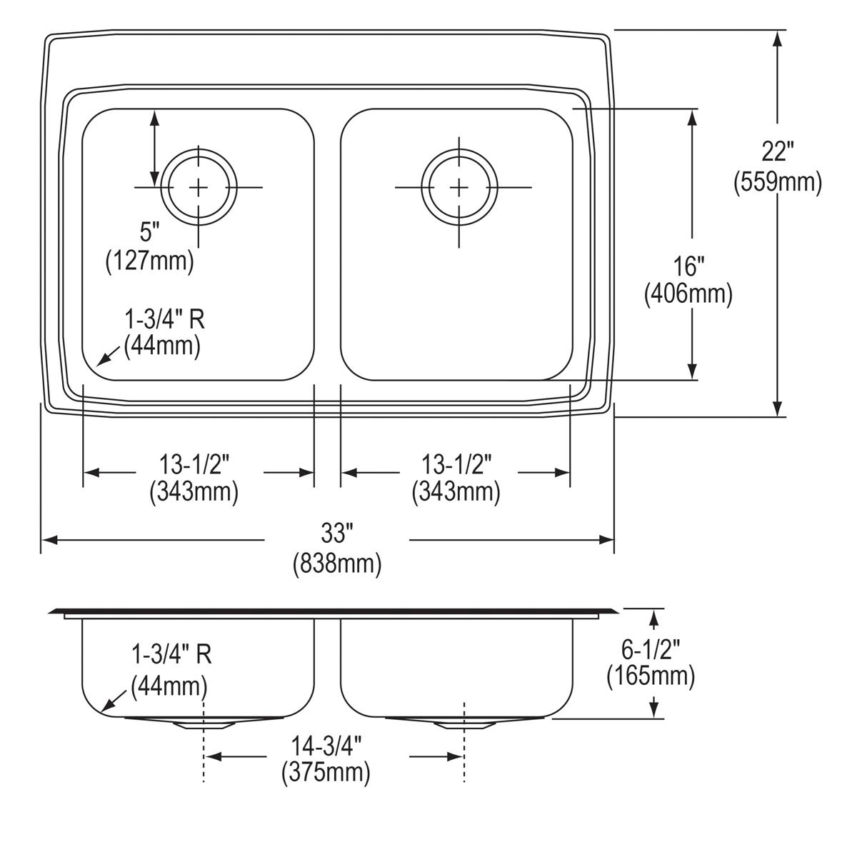 Elkay Lustertone Classic Stainless Steel 33" x 22" x 6-1/2", Equal Double Bowl Drop-in ADA Sink LRAD3322652