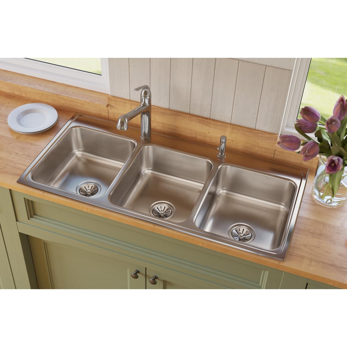 Elkay Lustertone Classic Stainless Steel 46" x 22" x 7-5/8", 2-Hole Triple Bowl Drop-in Sink LTR46222