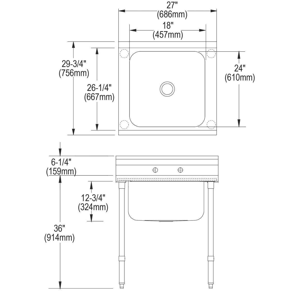 Elkay Rigidbilt Stainless Steel 27" x 29-3/4" x 12-3/4", Floor Mount, Single Compartment Scullery Sink RNSF81182