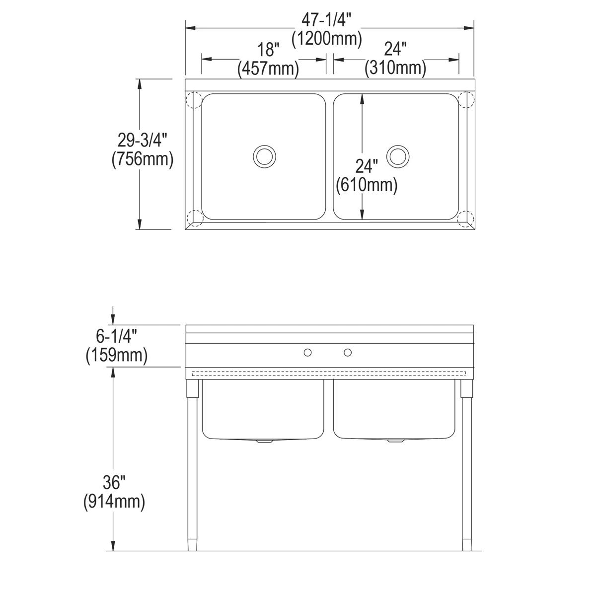 Elkay Rigidbilt Stainless Steel 47-1/4" x 29-3/4" x 12-3/4", Floor Mount, Double Compartment Scullery Sink RNSF82362