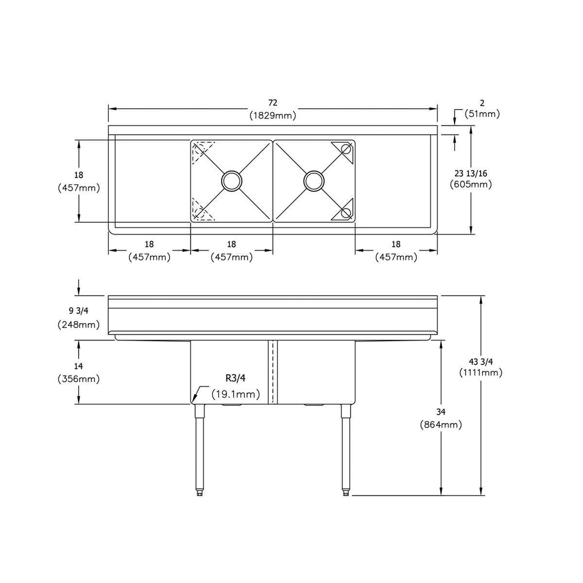 Elkay Dependabilt Stainless Steel 72" x 23-13/16" x 43-3/4" 18 Gauge Two Compartment Sink w/ 18" Left and Right Drainboards and Stainless Steel Legs S2C18X18-2-18X