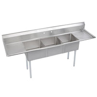 Elkay Dependabilt Stainless Steel 124" x 29-13/16" x 43-3/4" 16 Gauge Three Compartment Sink w/ 24" Left and Right Drainboards & Stainless Steel Legs 14-3C24X24-2-24X