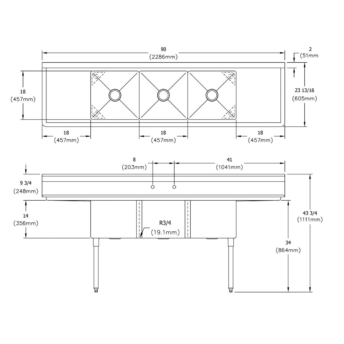 Elkay Dependabilt Stainless Steel 90" x 23-13/16" x 43-3/4" 18 Gauge Three Compartment Sink w/ 18" Left and Right Drainboards and Stainless Steel Legs S3C18X18-2-18X