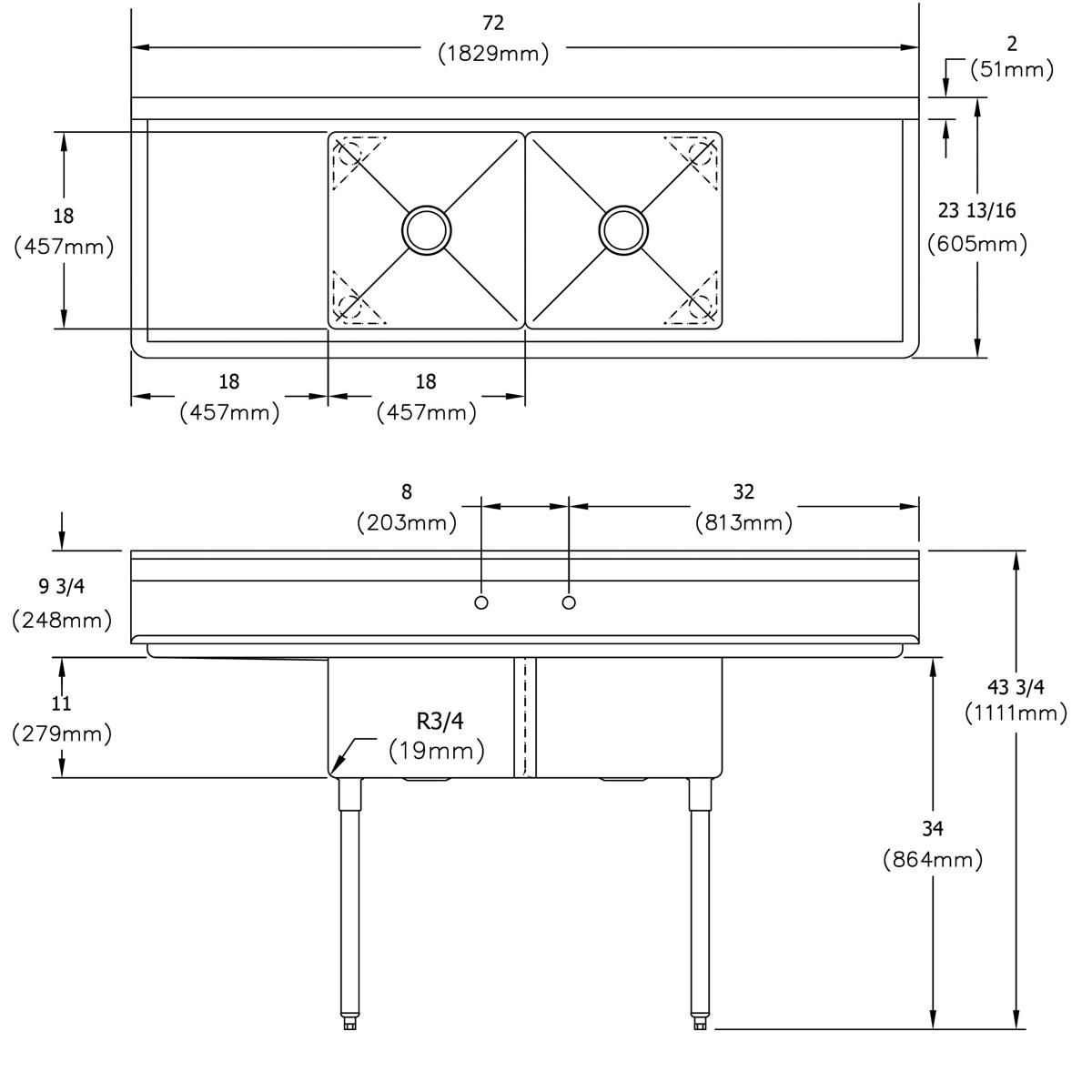 Elkay Dependabilt Stainless Steel 72" x 23-13/16" x 43-3/4" 18 Gauge Two Compartment Sink w/ 18" Left and Right Drainboards and Stainless Steel Legs SE2C18X18-2-18X