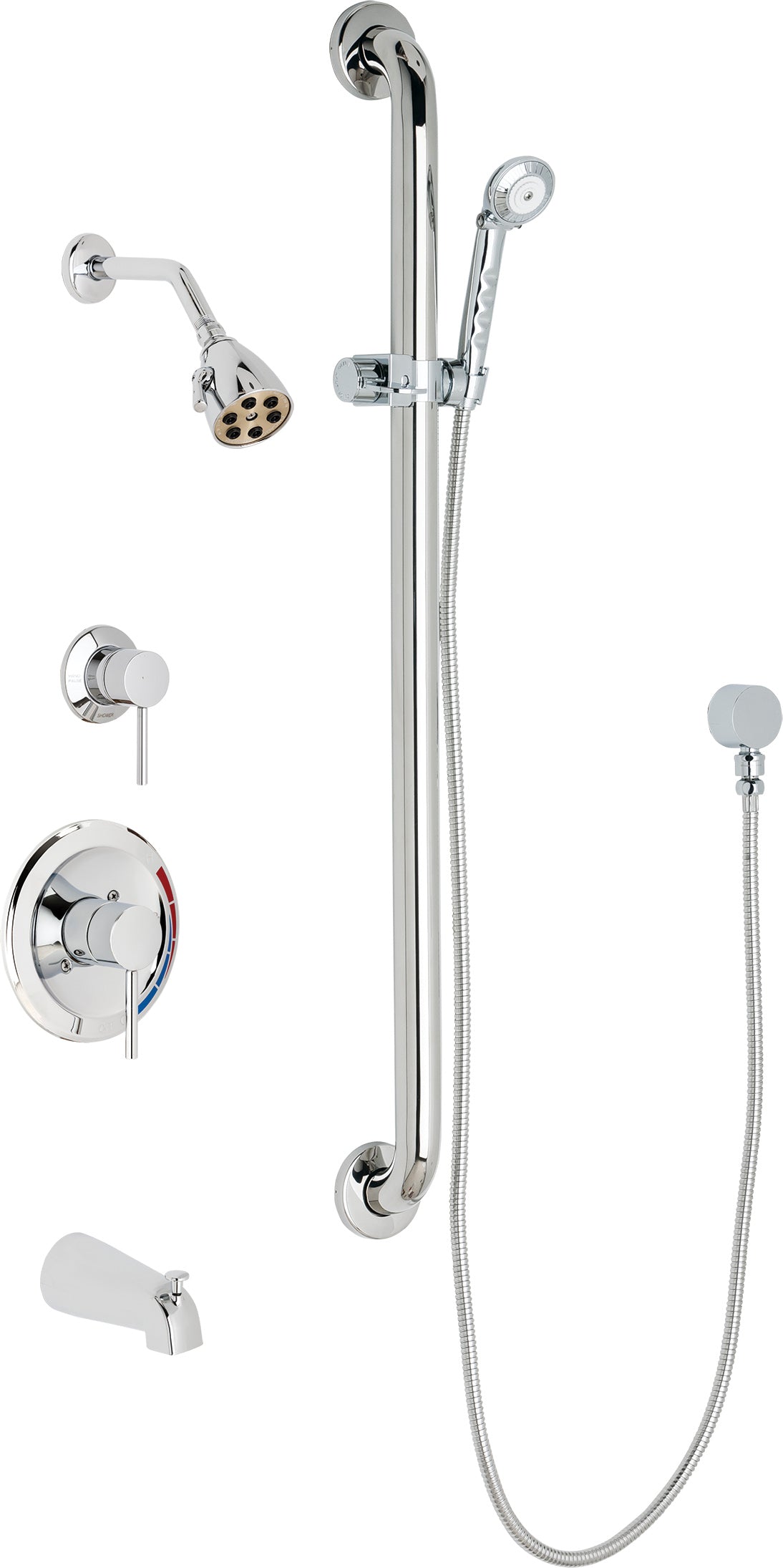 Chicago Faucets SH-PB1-11-124 1/2" Pressure balancing tub and shower system with hand spray and 36" ADA grab bar