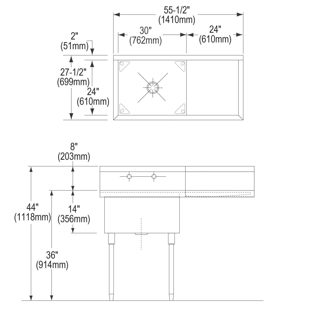 Elkay Sturdibilt Stainless Steel 55-1/2" x 27-1/2" x 14" Floor Mount, Single Compartment Scullery Sink w/ Drainboard SS8130R2