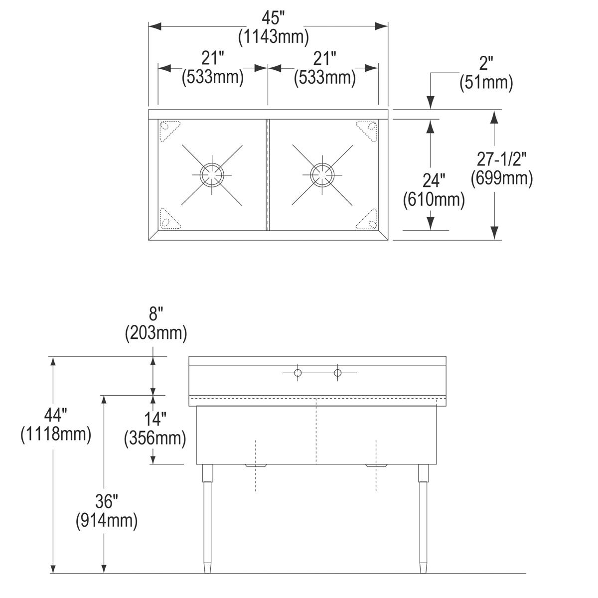 Elkay Sturdibilt Stainless Steel 45" x 27-1/2" x 14" Floor Mount, Double Compartment Scullery Sink SS82422