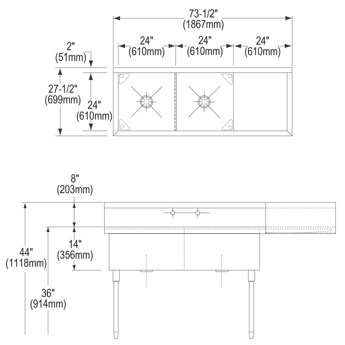 Elkay Sturdibilt Stainless Steel 73-1/2" x 27-1/2" x 14" Floor Mount, Double Compartment Scullery Sink w/ Drainboard SS8248R2