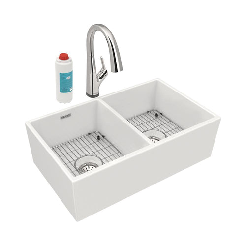 Elkay Fireclay 33" x 19-15/16" x 9" Equal Double Bowl Farmhouse Sink Kit with Filtered Faucet White SWUF32189WHFLC