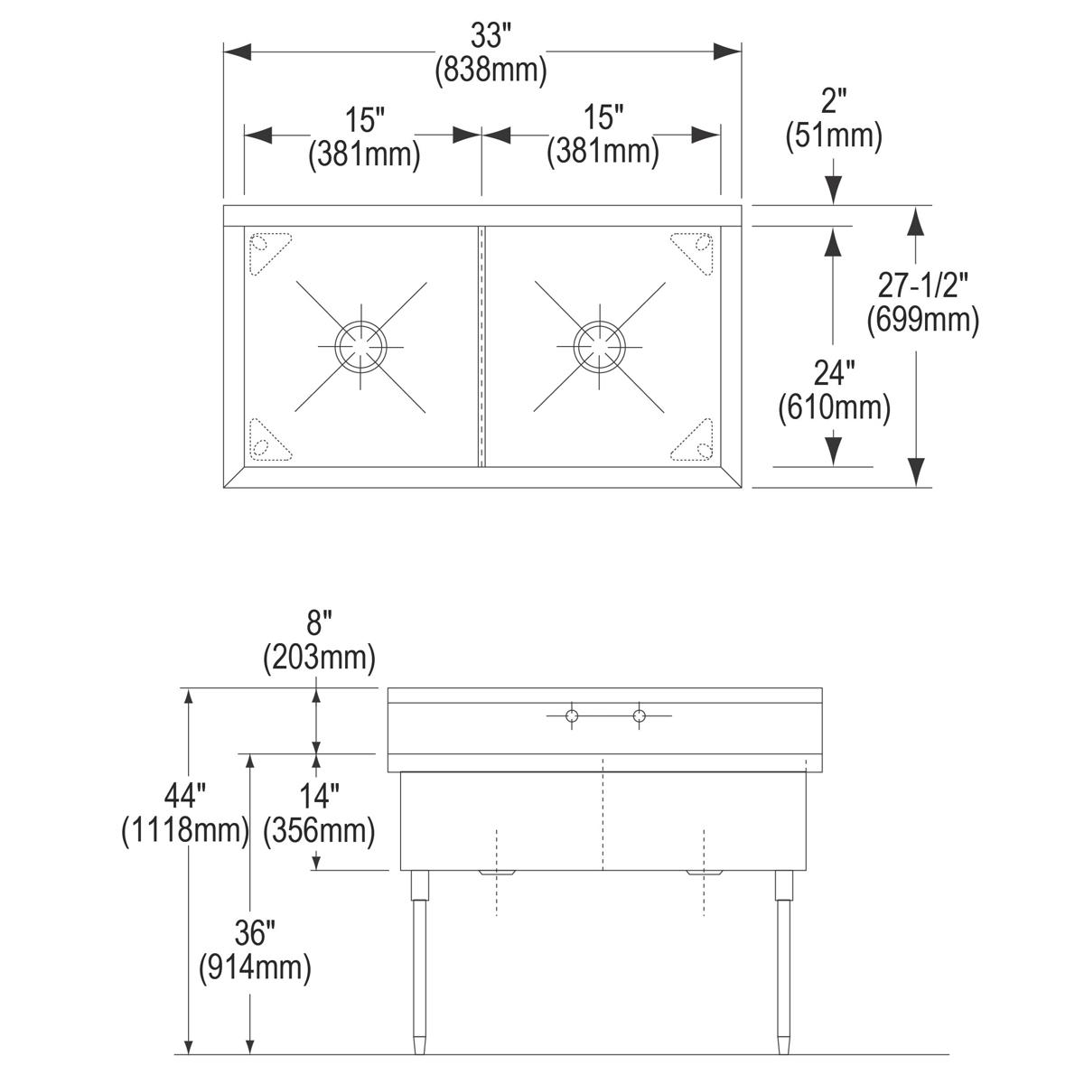 Elkay Weldbilt Stainless Steel 33" x 27-1/2" x 14" Floor Mount, Double Compartment Scullery Sink WNSF82302