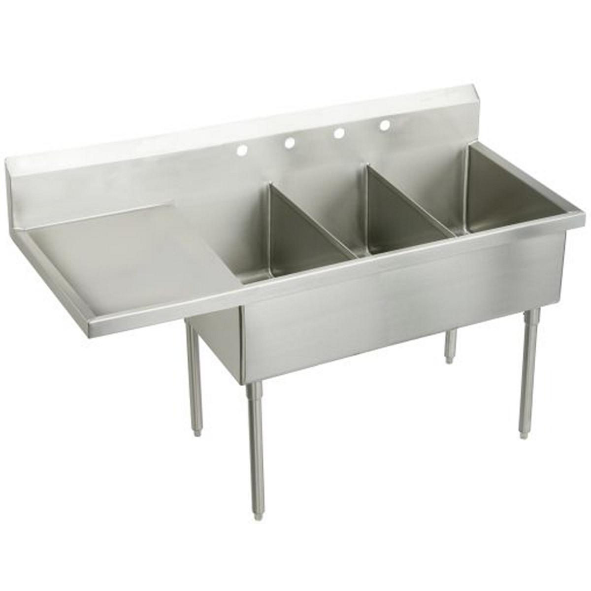 Elkay Weldbilt Stainless Steel 70-1/2" x 27-1/2" x 14" Floor Mount, Triple Compartment Scullery Sink with Drainboard WNSF8345L4