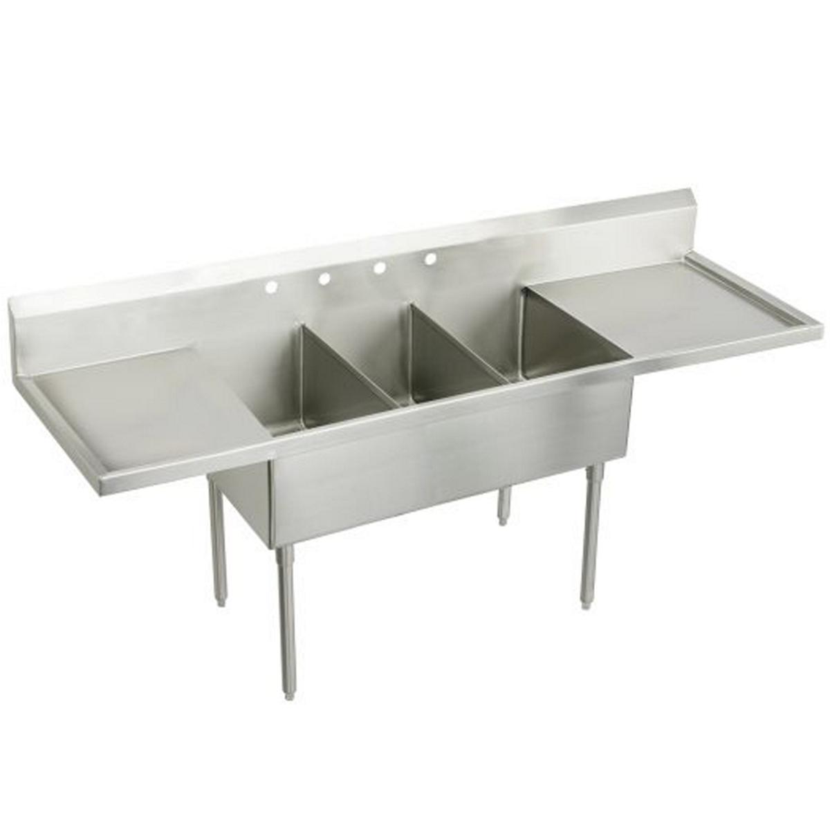 Elkay Weldbilt Stainless Steel 93" x 27-1/2" x 14" Floor Mount, Triple Compartment Scullery Sink with Drainboard WNSF8345LR4
