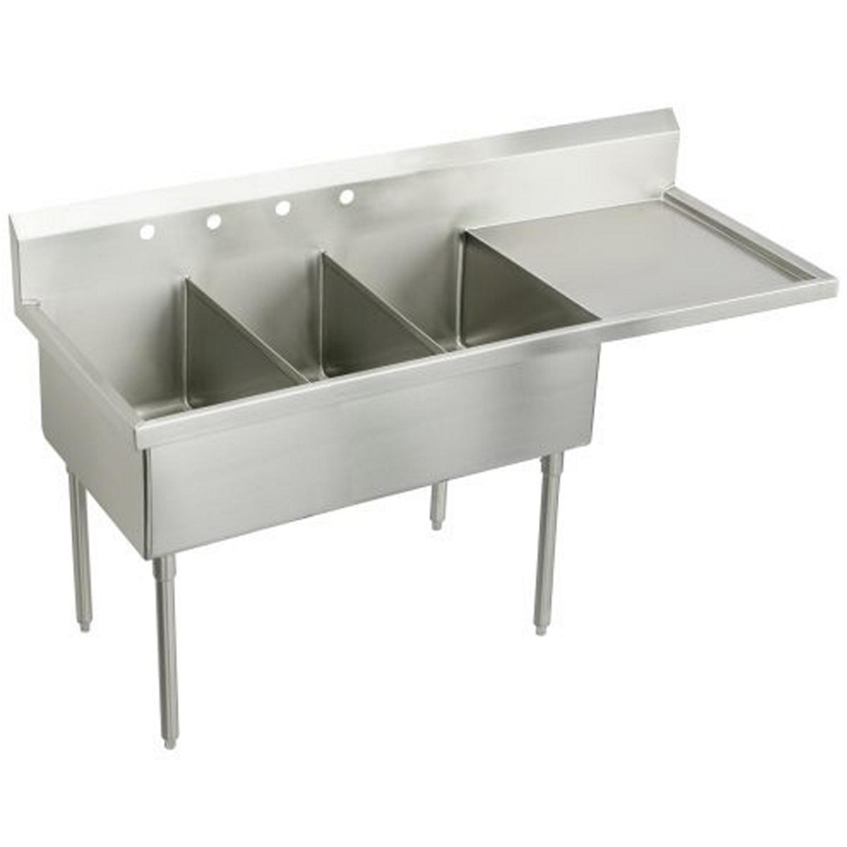 Elkay Weldbilt Stainless Steel 70-1/2" x 27-1/2" x 14" Floor Mount, Triple Compartment Scullery Sink with Drainboard WNSF8345R4