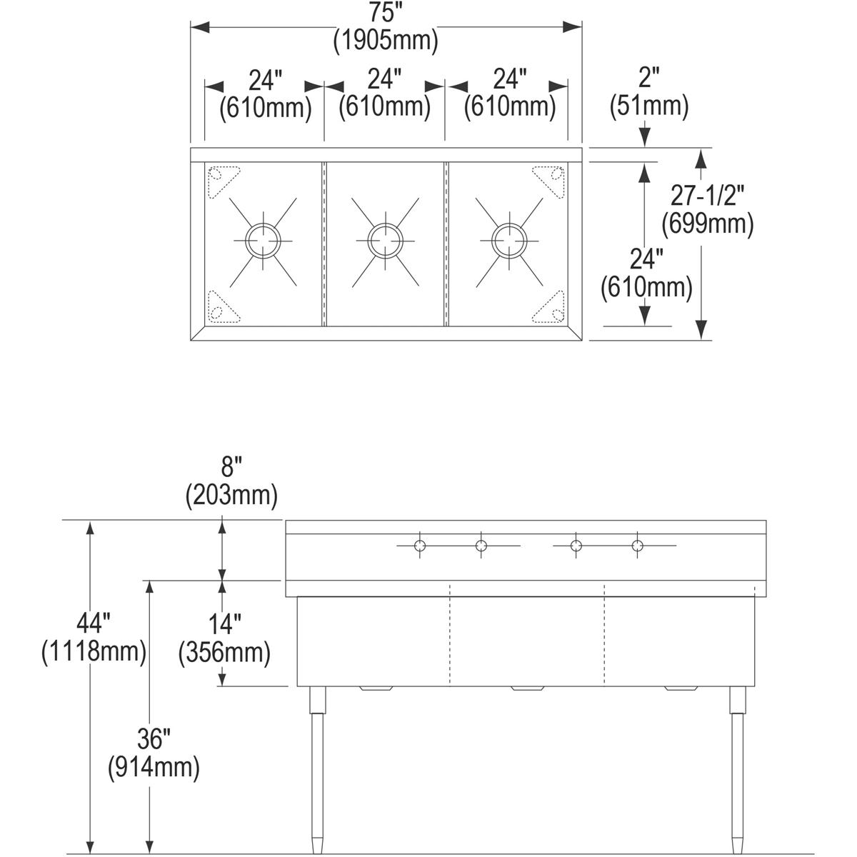 Elkay Weldbilt Stainless Steel 75" x 27-1/2" x 14" Floor Mount, Triple Compartment Scullery Sink WNSF83724