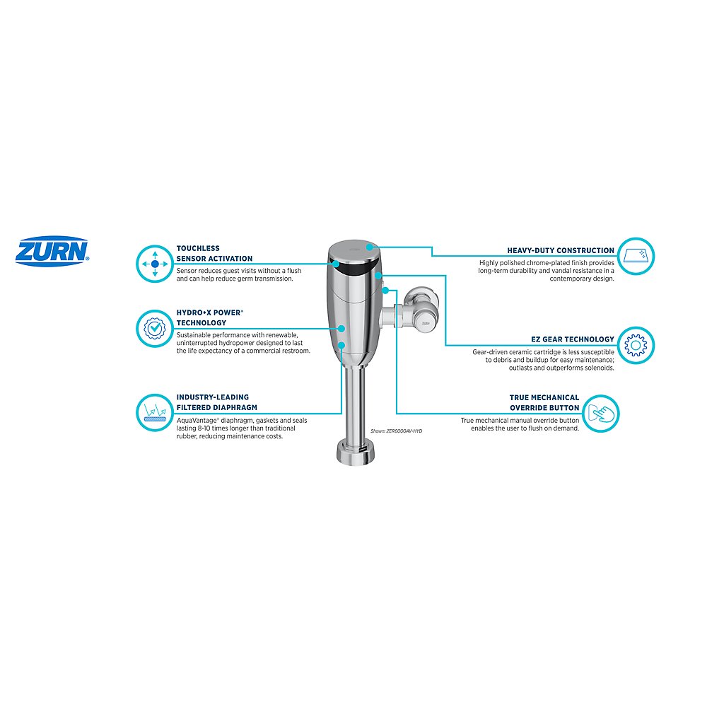 Zurn ZER6000AV-ONE-HYD-BN Top Mount Exposed Sensor Flush Valve for Water Closet With Gear-driven Ceramic Cartridge, Hydropower, AquaVantage® Diaphragms