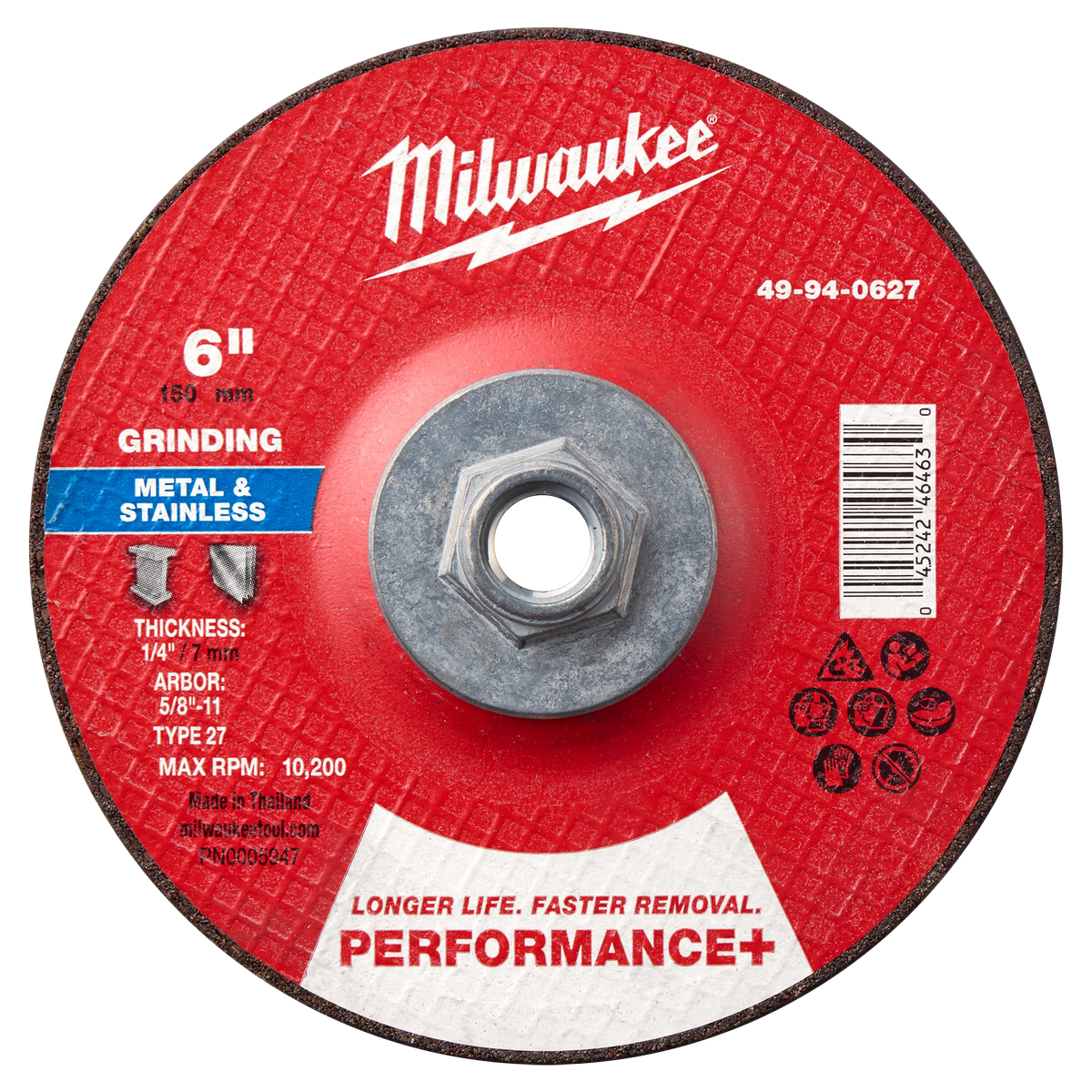 Milwaukee 49-94-0627 6" x 1/4" x 5/8"-11 Performance+ Metal Grinding Wheel - Type 27 (Pack of 5)