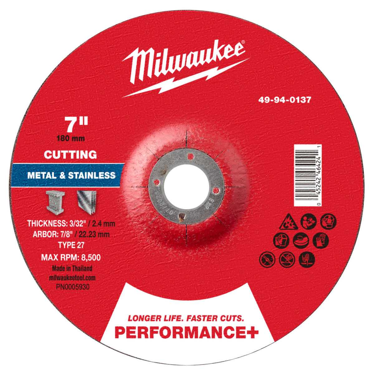 Milwaukee 49-94-0137 7" x 3/32" x 7/8" Performance+ Metal Cut Off Wheel - Type 27 (Pack of 25)