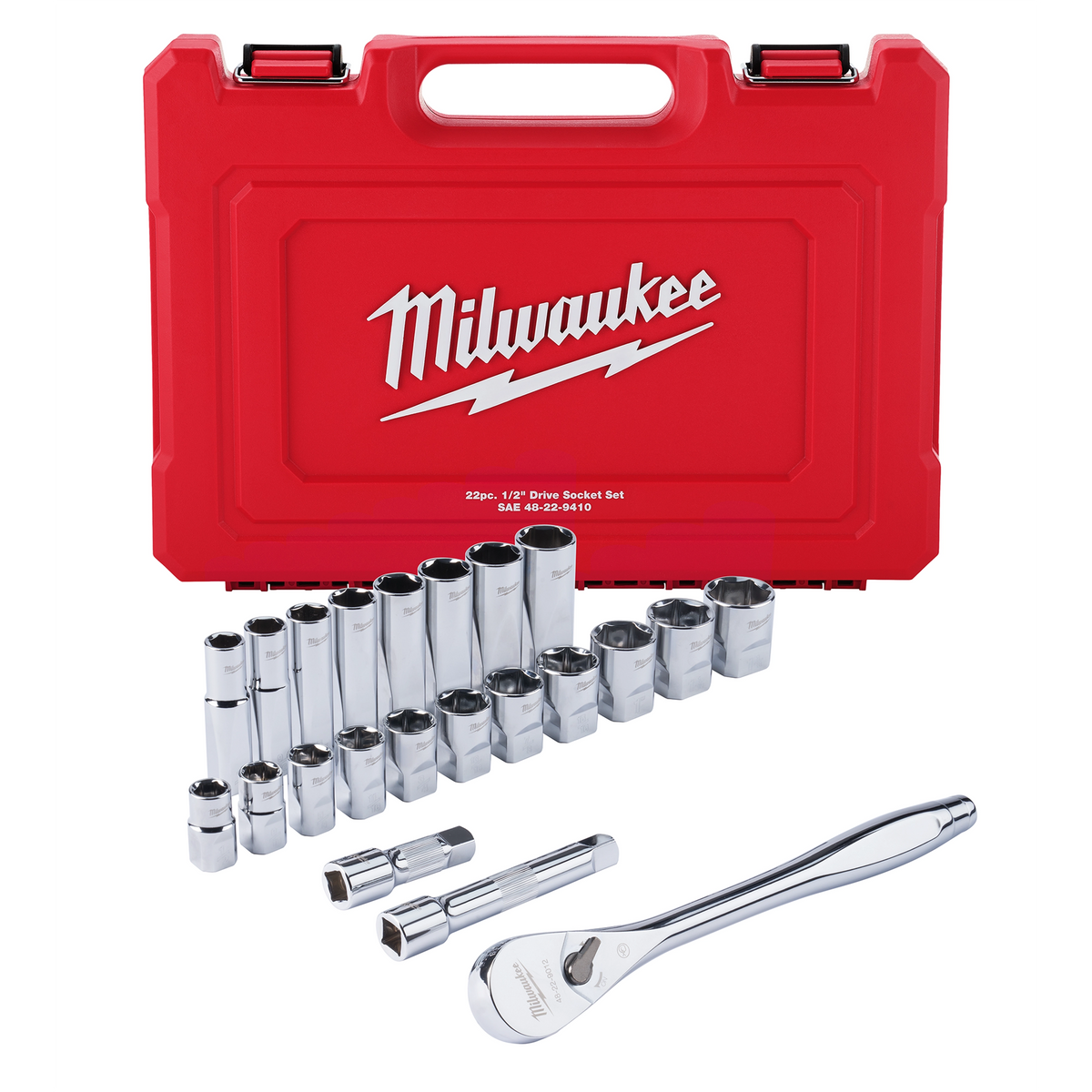 Milwaukee 48-22-9410 22 pc 1/2" Drive SAE Ratchet and Socket Set with FOUR FLAT Sides