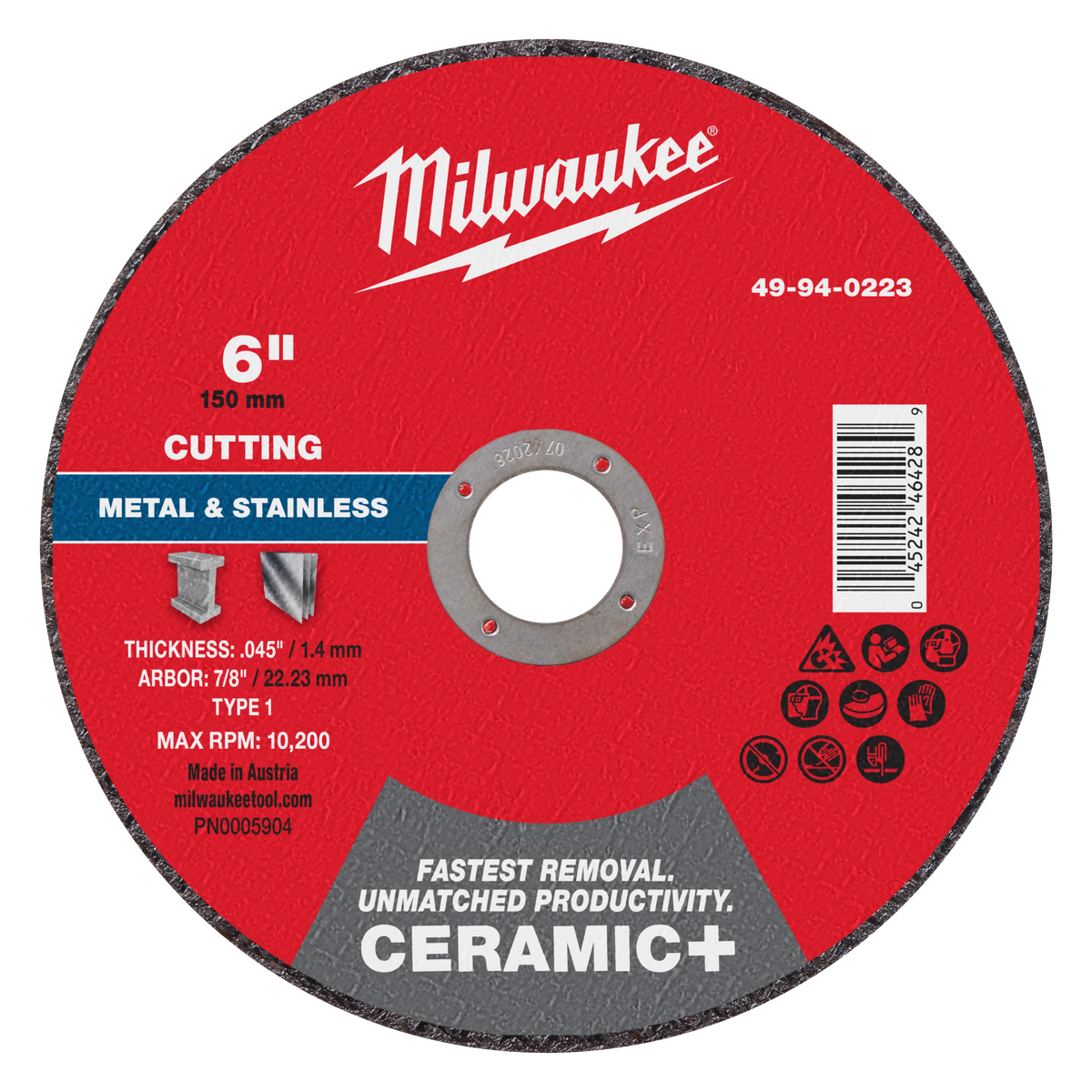 Milwaukee 49-94-0223 6" x .045" x 7/8" Ceramic+ Metal Cut Off Wheel -Type 1 (Pack of 25)
