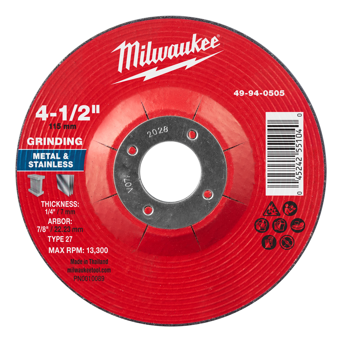 Milwaukee 49-94-0505 4-1/2" x 1/4" x 7/8" Metal Grinding Wheel - Type 27 (Pack of 25)