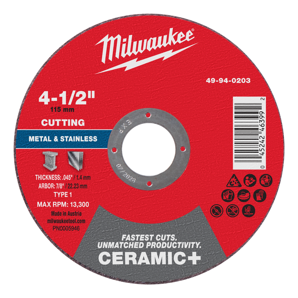 Milwaukee 49-94-0203 4-1/2" x .045" x 7/8" Ceramic+ Metal Cut Off Wheel -Type 1 (Pack of 25)