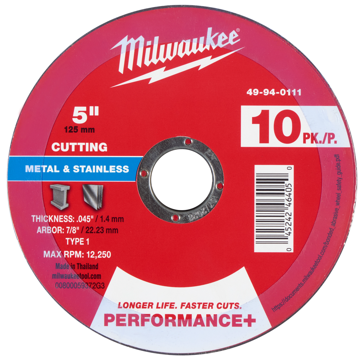Milwaukee 49-94-0111 5" x .045" x 7/8" Performance+ Metal Cut Off Wheel - Type 1 (Pack of 40)