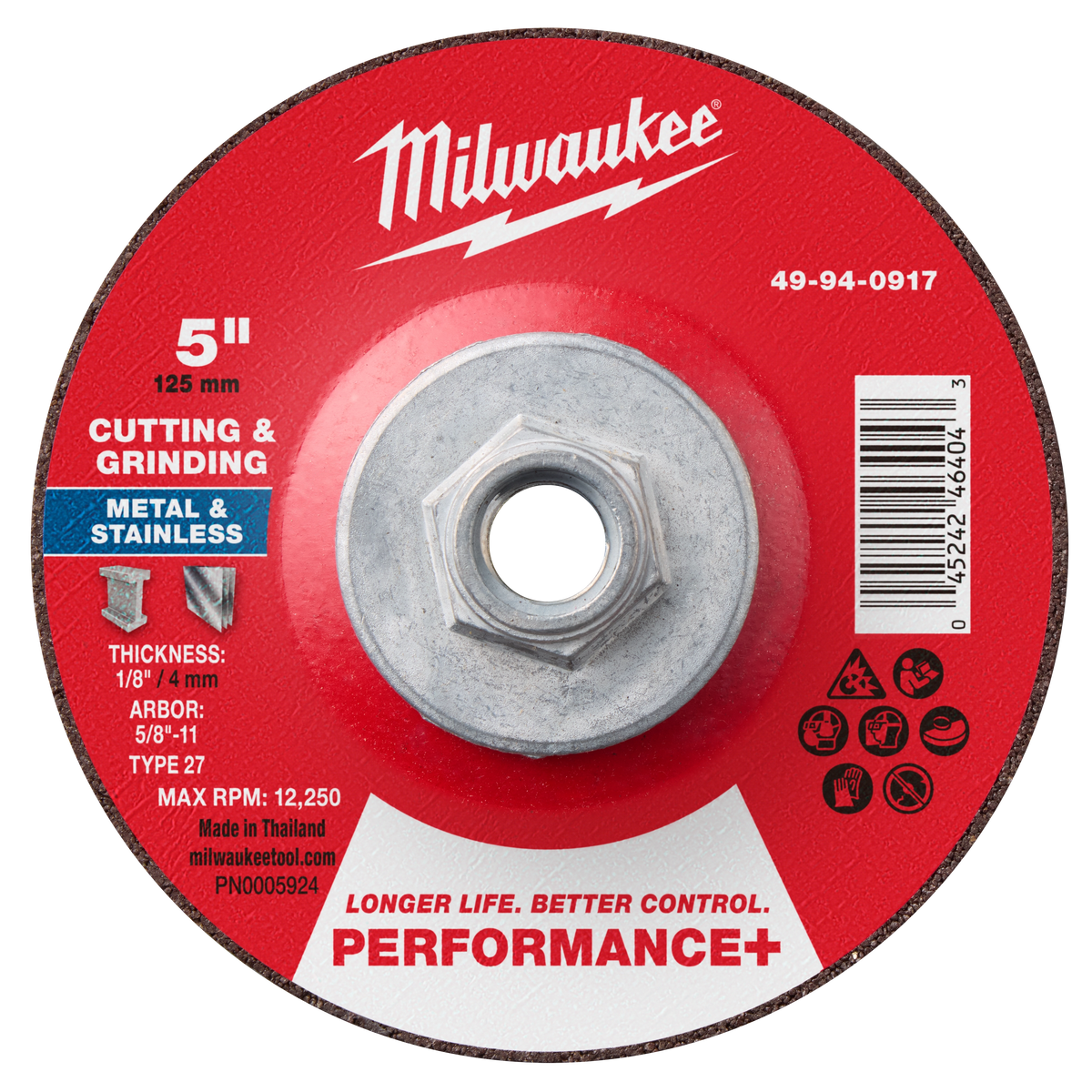 Milwaukee 49-94-0917 5" x 1/8" x 5/8"-11 Performance+ Dual Metal Cut & Grind Wheel - Type 27 (Pack of 10)