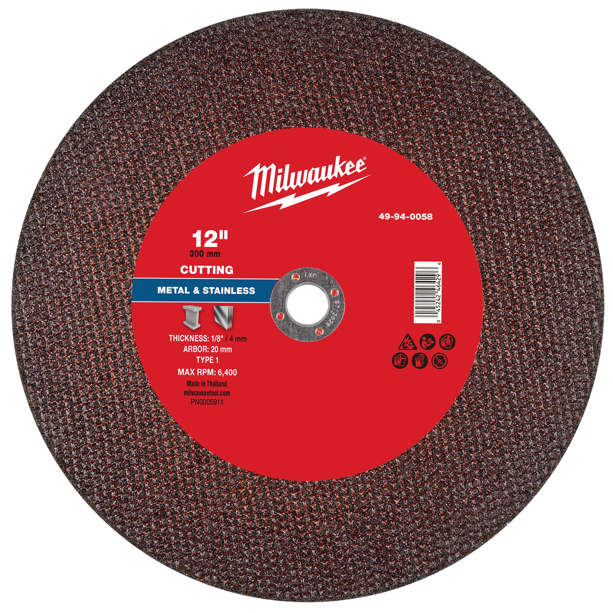 Milwaukee 49-94-0058 12" x 1/8" x 20mm Metal Cut Off Wheel -Type 1 (Pack of 10)