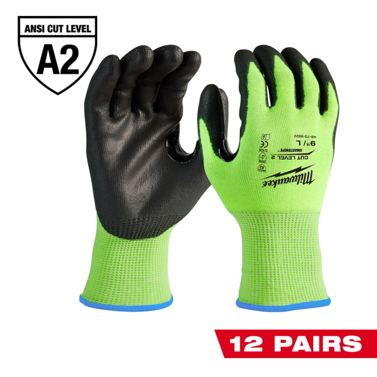 Milwaukee 48-73-8921B 12 Pair High Visibility Cut Level 2 Polyurethane Dipped Gloves - M