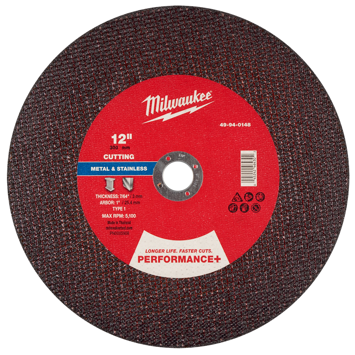 Milwaukee 49-94-0148 12" x 7/64" x 1" Performance+ Metal Cut Off Wheel - Type 1 (Pack of 10)