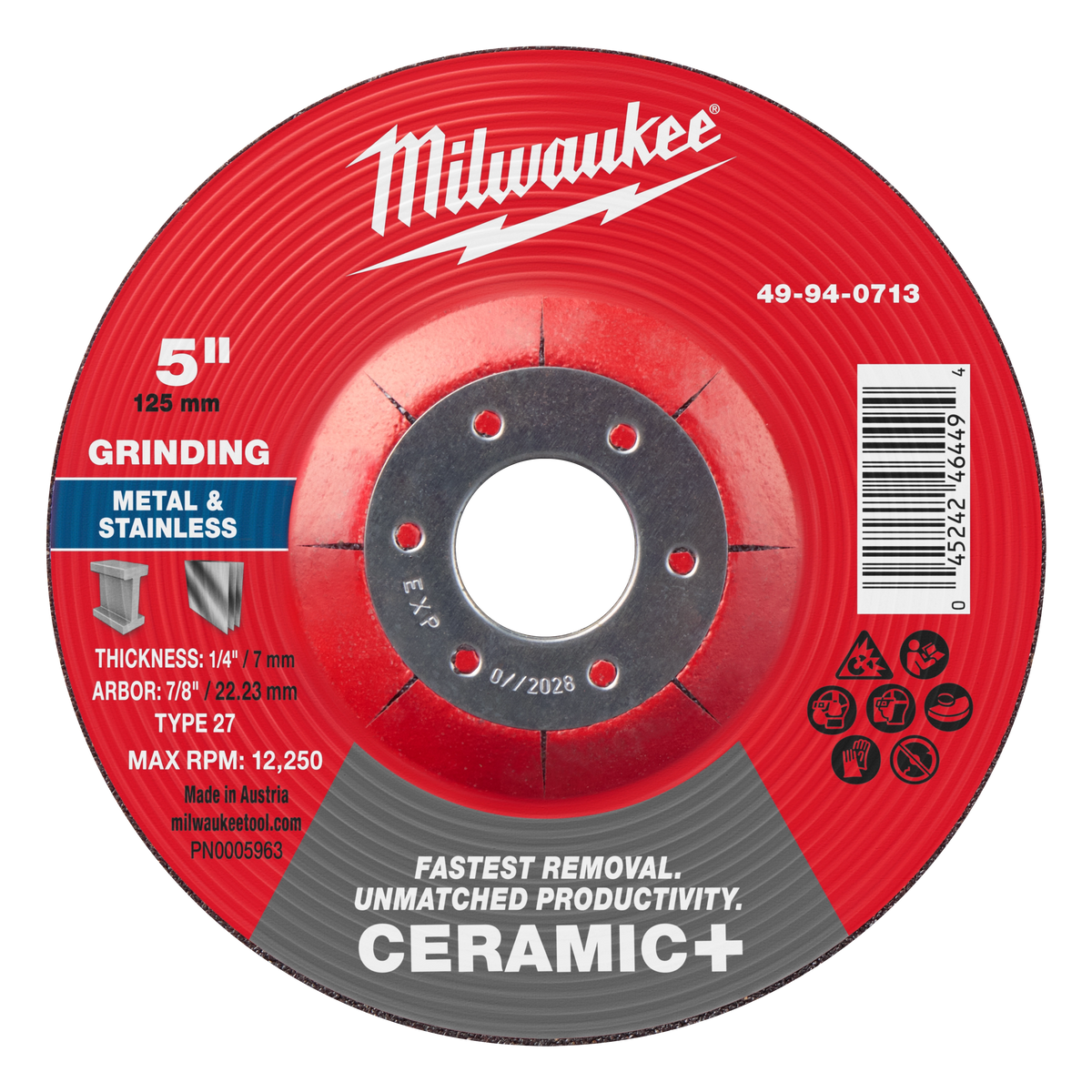 Milwaukee 49-94-0713 5" x 1/4" x 7/8" Ceramic+ Metal Grinding Wheel - Type 27 (Pack of 10)