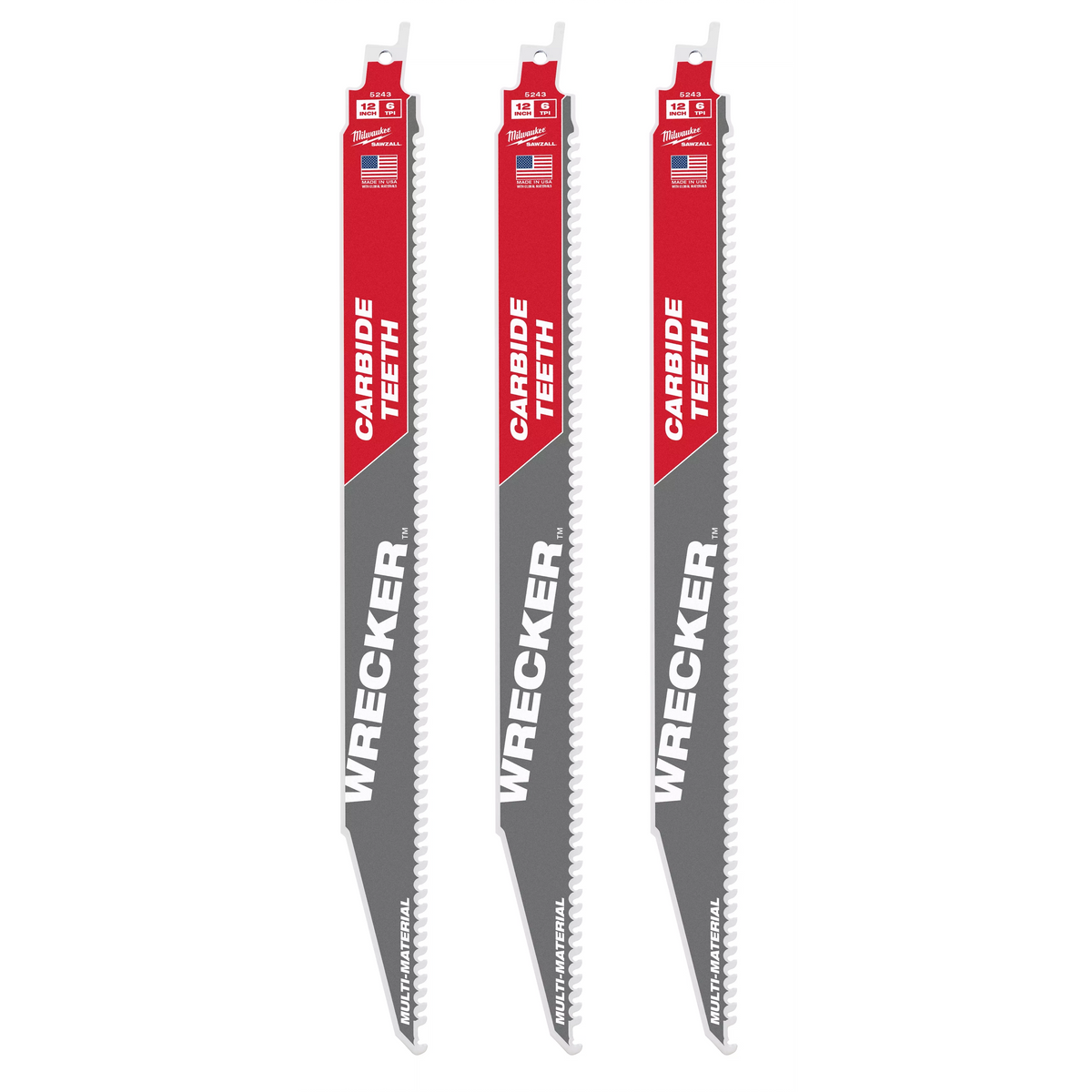 Milwaukee 48-00-5343 12" 6 TPI WRECKER with Carbide Teeth SAWZALL Blade for Multi-Material (3 PK)