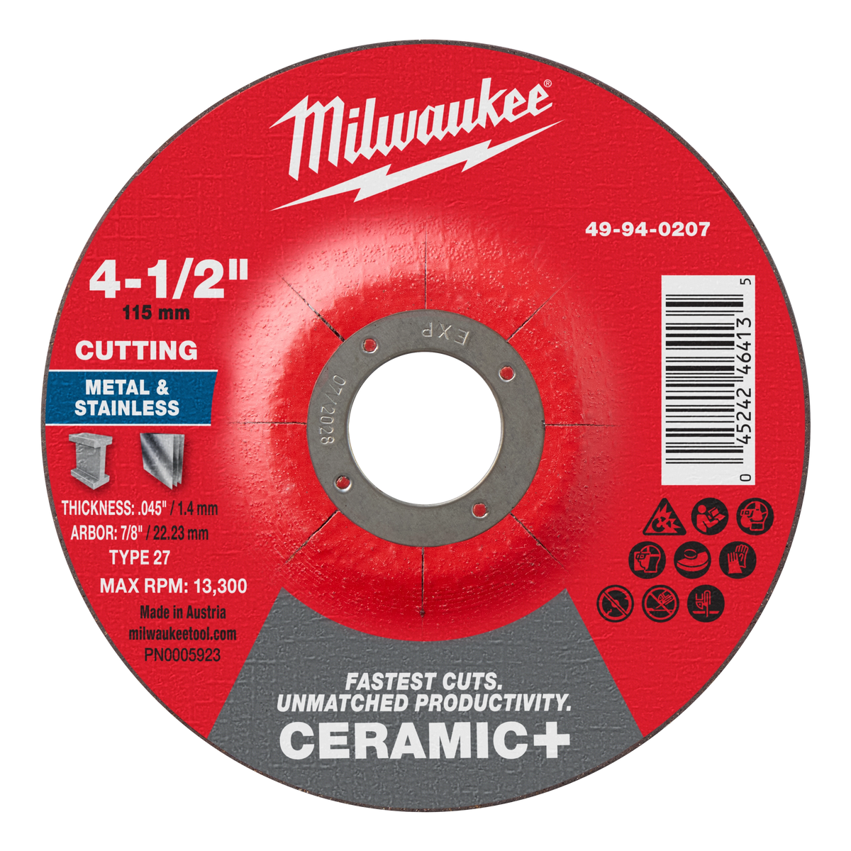 Milwaukee 49-94-0207 4-1/2" x .045" x 7/8" Ceramic+ Metal Cut Off Wheel -Type 27 (Pack of 25)