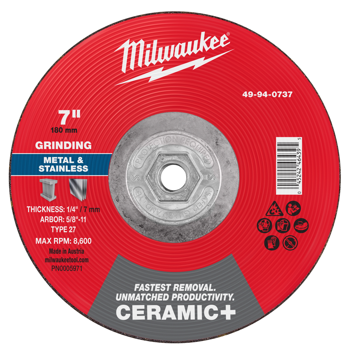 Milwaukee 49-94-0737 7" x 1/4" x 5/8"-11 Ceramic+ Metal Grinding Wheel - Type 27 (Pack of 5)