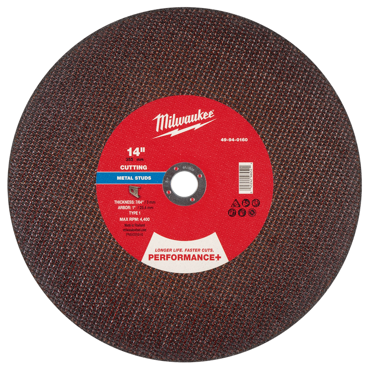 Milwaukee 49-94-0160 14" x 7/64" x 1" Performance+ Metal Cut Off Wheel - Type 1 - Stud Cutter (Pack of 10)