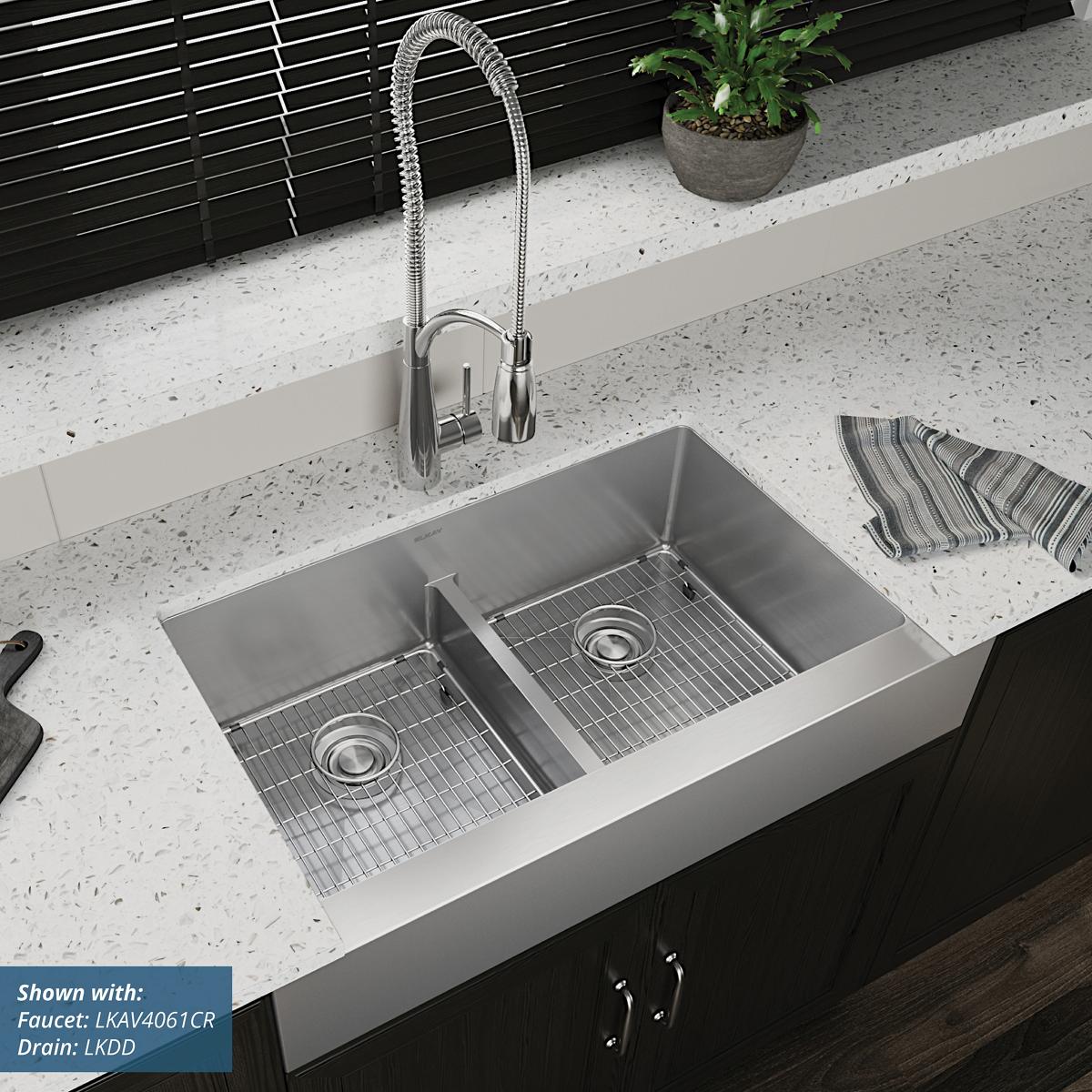 Elkay Crosstown 18 Gauge Stainless Steel 35-7/8" x 20-1/4" x 9" Equal Double Bowl Farmhouse Sink Kit with Aqua Divide ECTRUFA32179C