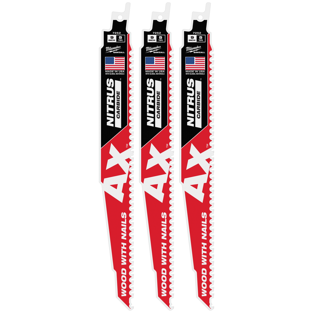 Milwaukee 48-00-7352 9" 5 TPI AX w/NITRUS Carbide Teeth SAWZALL Blade for Wood with Nails 3PK