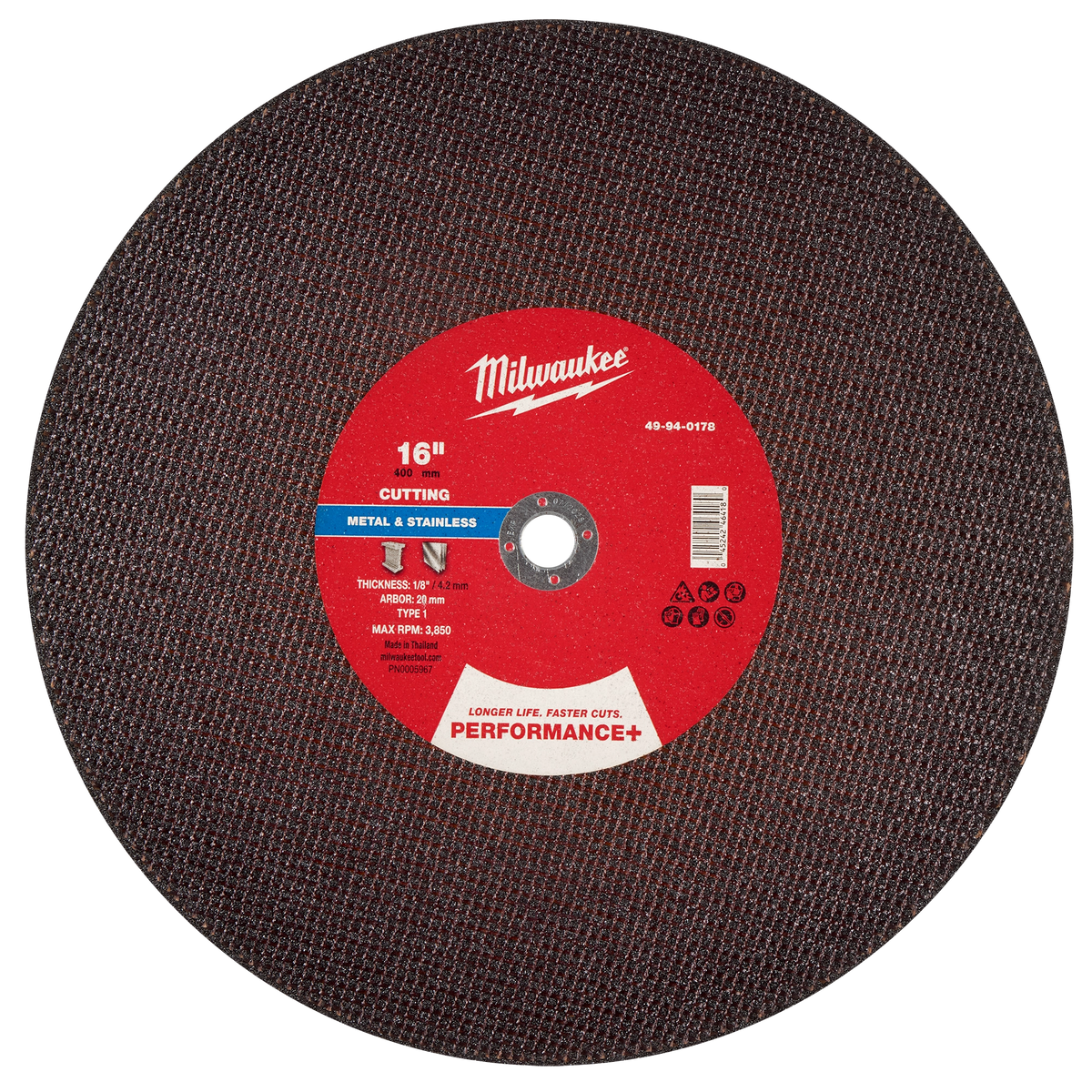 Milwaukee 49-94-0178 16" x 1/8" x 20mm Performance+ Metal Cut Off Wheel - Type 1 (Pack of 10)
