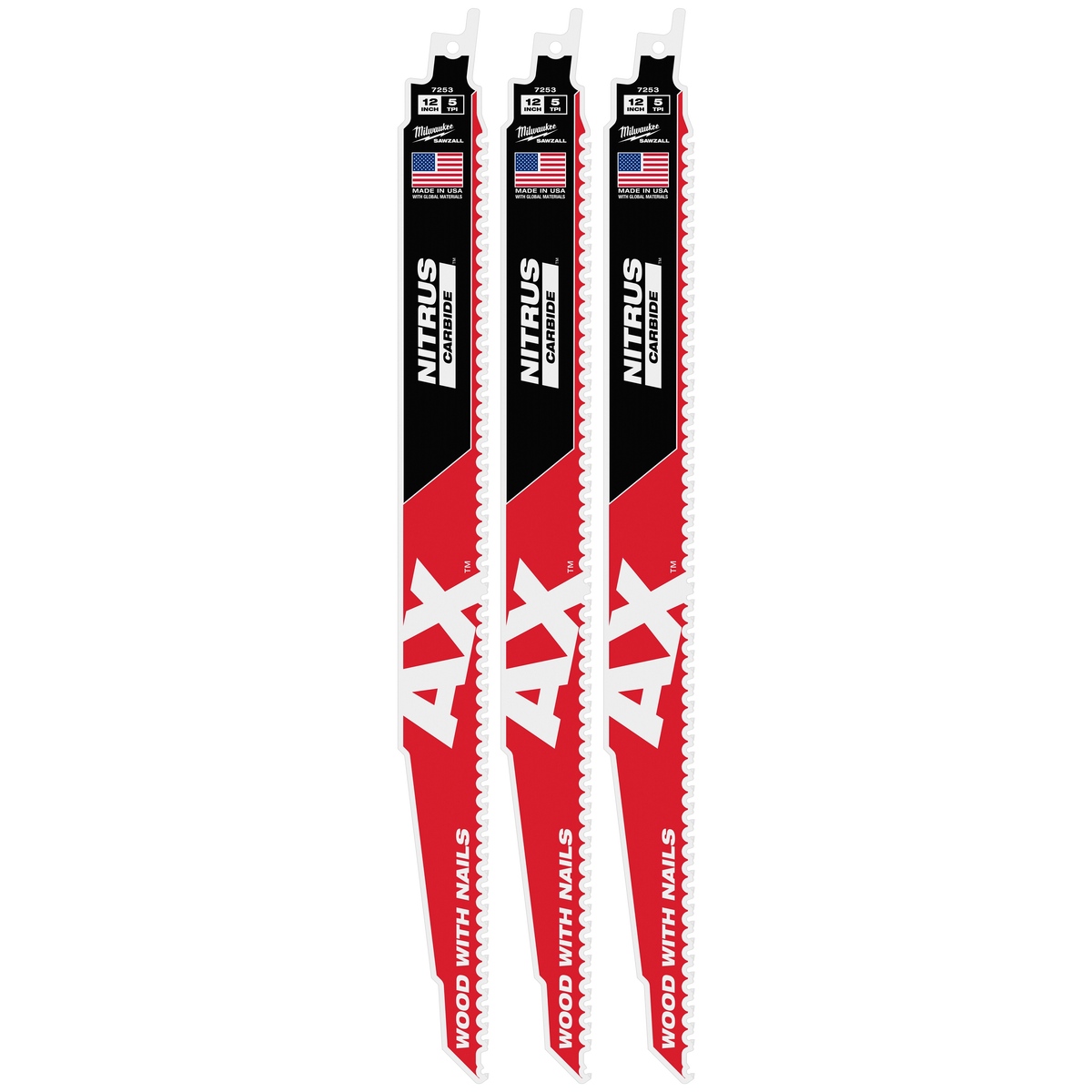 Milwaukee 48-00-7353 12" 5 TPI AX w/NITRUS Carbide Teeth SAWZALL Blade for Wood with Nails 3PK