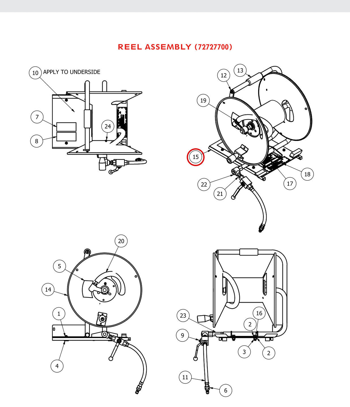 Spartan Tool 72727600 parts diagram, item 15 circled (Reel Assembly)