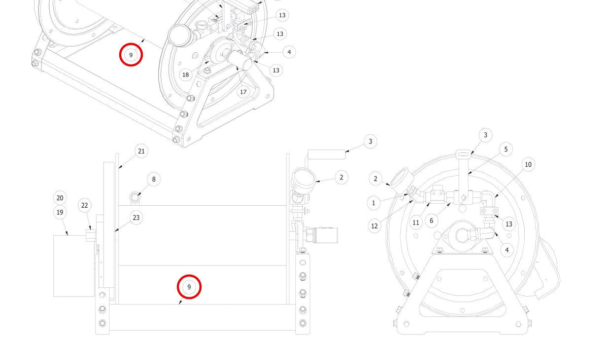Spartan Tool 75870100 parts diagram, item 9 circled (High Pressure Reel Assembly - 75870000)