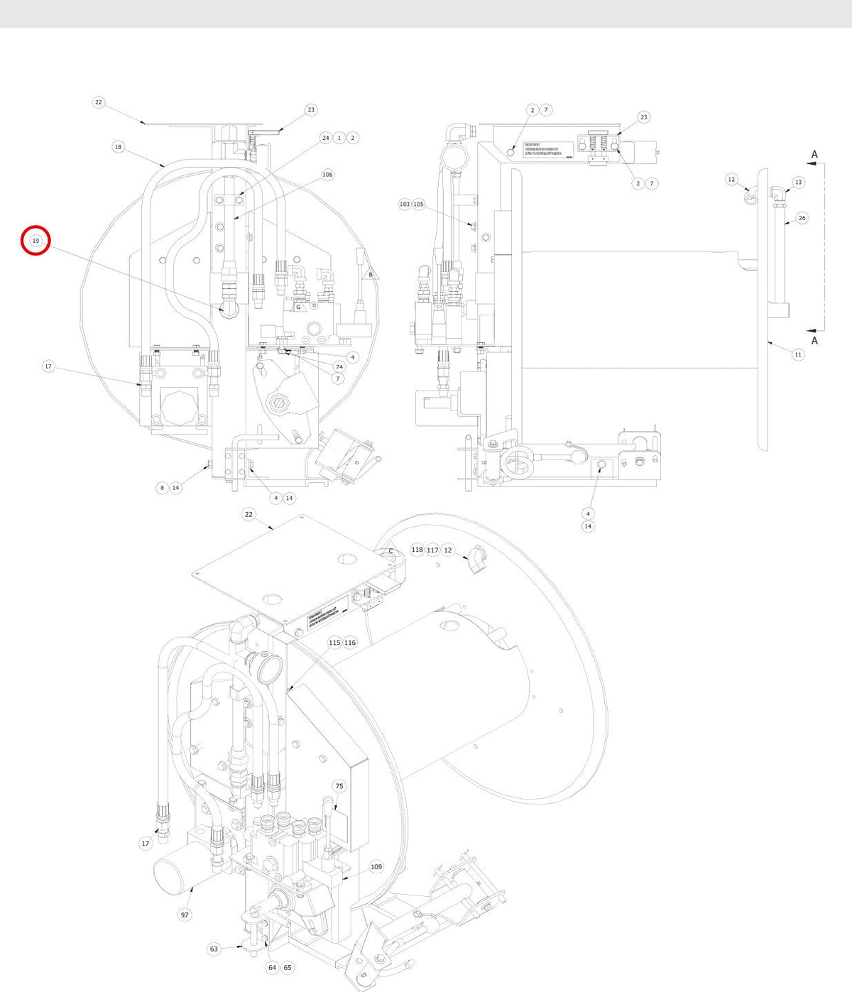 Spartan Tool 79948110 parts diagram, item 19 circled (High Pressure Reel Assembly - 79958300)