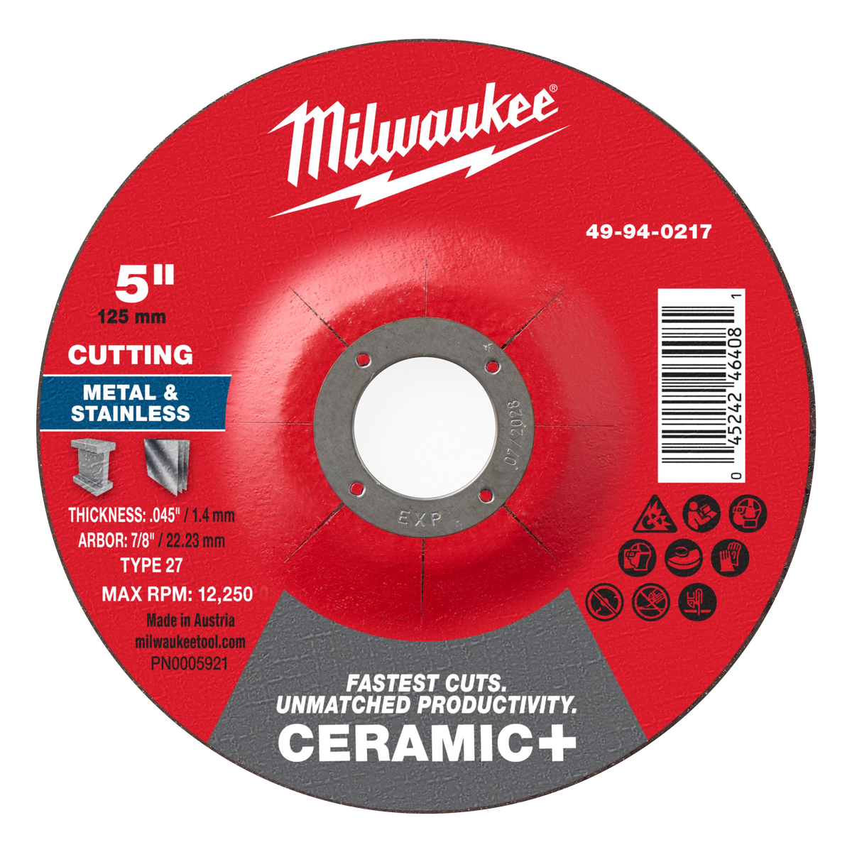 Milwaukee 49-94-0217 5" x .045" x 7/8" Ceramic+ Metal Cut Off Wheel -Type 27 (Pack of 25)