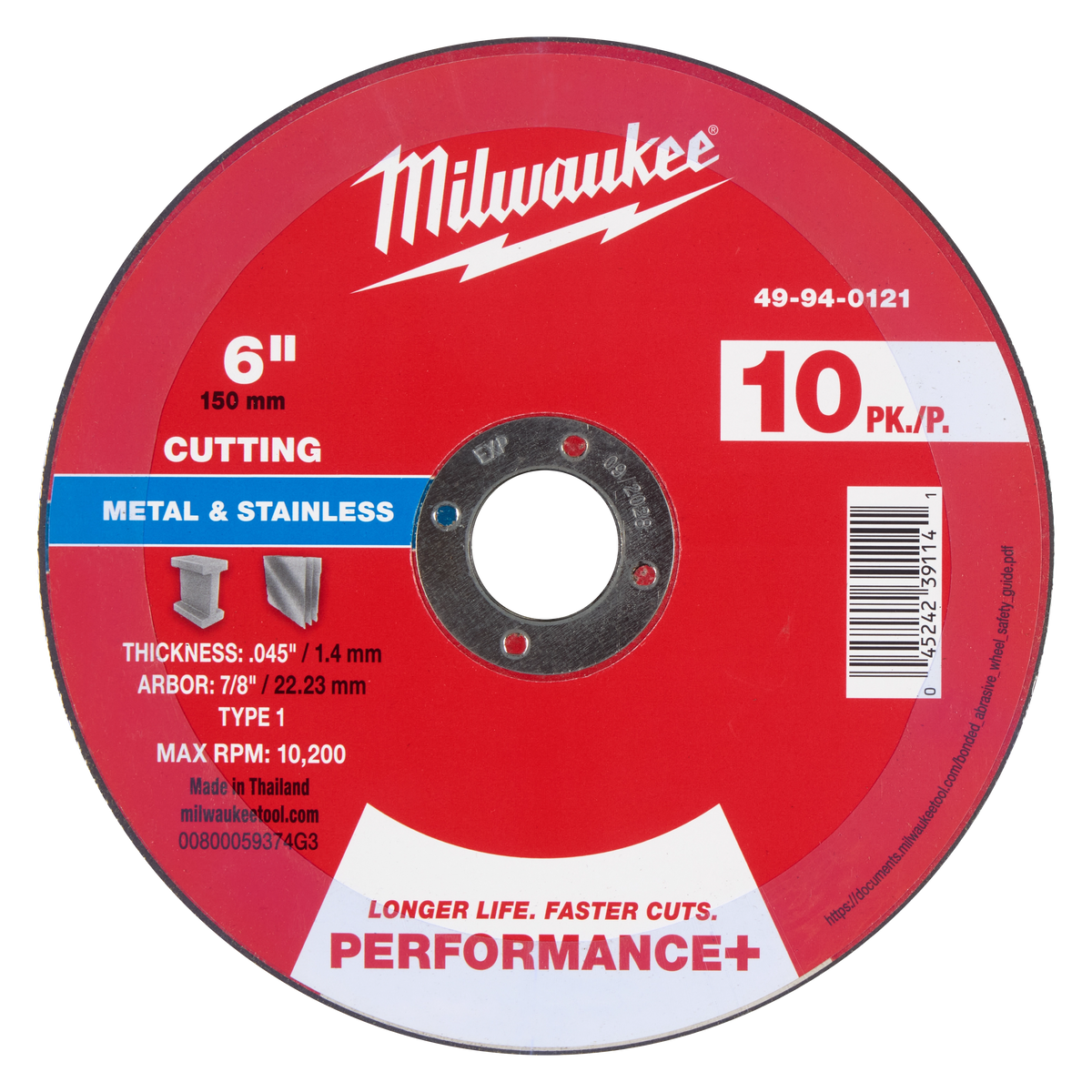 Milwaukee 49-94-0121 6" x .045" x 7/8" Performance+ Metal Cut Off Wheel - Type 1 (Pack of 4)