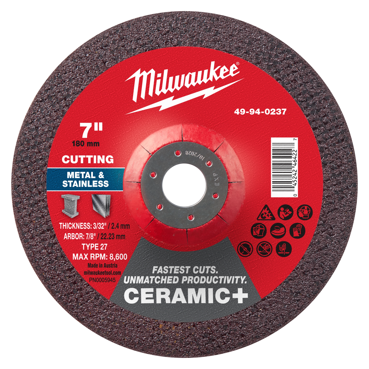 Milwaukee 49-94-0237 7" x 3/32" x 7/8" Ceramic+ Metal Cut Off Wheel -Type 27 (Pack of 25)