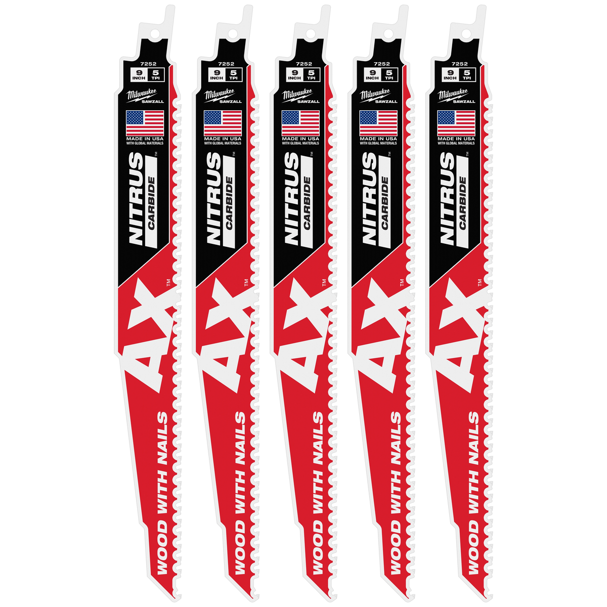 Milwaukee 48-00-7552 9" 5 TPI AX w/NITRUS Carbide Teeth SAWZALL Blade for Wood with Nails 5PK